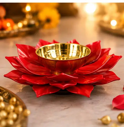 Brass Lotus Diya Deepak – Red Pooja Oil Lamp for Home Decor and Diwali Gifting