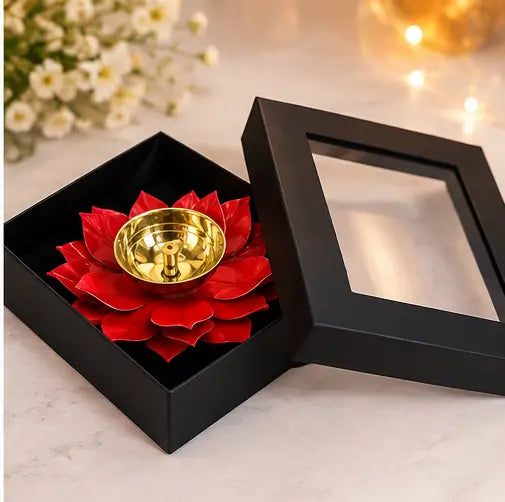Brass Lotus Diya Deepak – Red Pooja Oil Lamp for Home Decor and Diwali Gifting