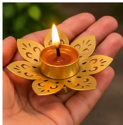 Lotus Metal Diya Tealight Holders – Set of 5 for Diwali Decoration