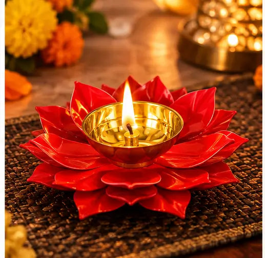 Brass Lotus Diya Deepak – Red Pooja Oil Lamp for Home Decor and Diwali Gifting