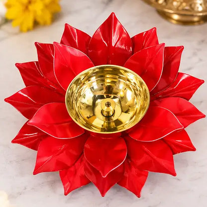 Brass Lotus Diya Deepak – Red Pooja Oil Lamp for Home Decor and Diwali Gifting