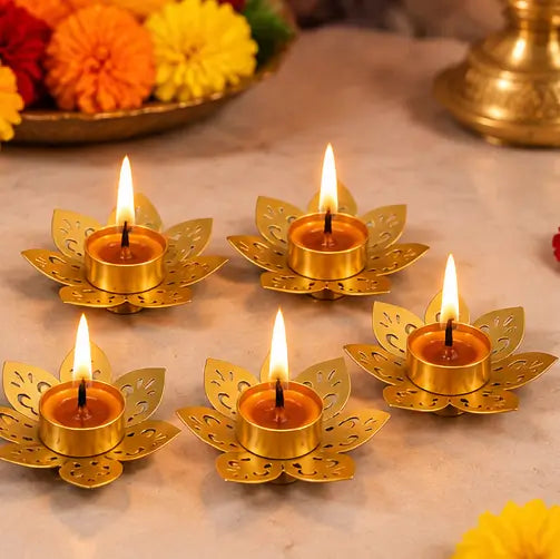 Lotus Metal Diya Tealight Holders – Set of 5 for Diwali Decoration