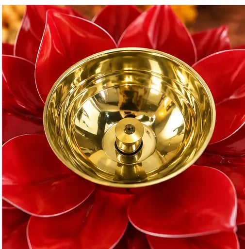 Brass Lotus Diya Deepak – Red Pooja Oil Lamp for Home Decor and Diwali Gifting