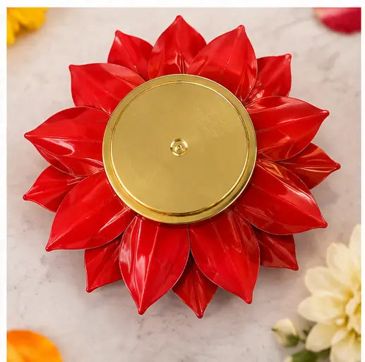 Brass Lotus Diya Deepak – Red Pooja Oil Lamp for Home Decor and Diwali Gifting