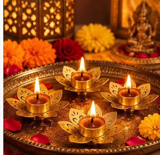 Lotus Metal Diya Tealight Holders – Set of 5 for Diwali Decoration